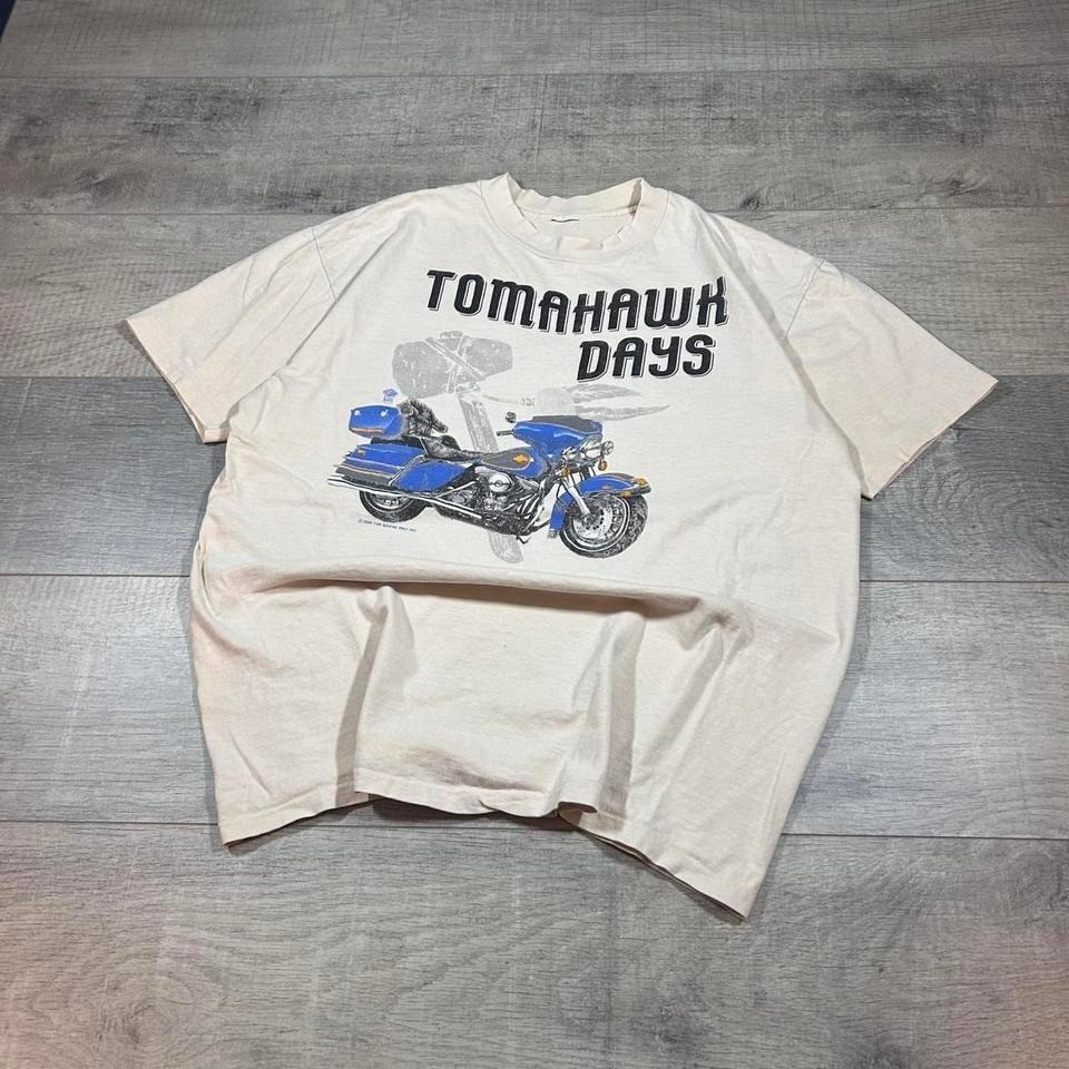 80s, Harley Davidson, motorcycle Tomahawk days, beige, and blue T-shirt