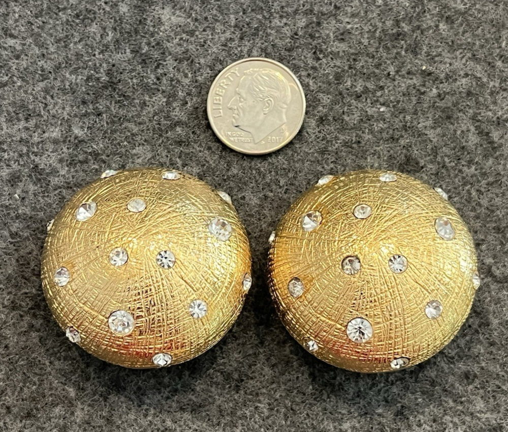 Vintage Christian Dior Goldtone Rhinestone Dome Clip-On Earrings Retro Textured Design