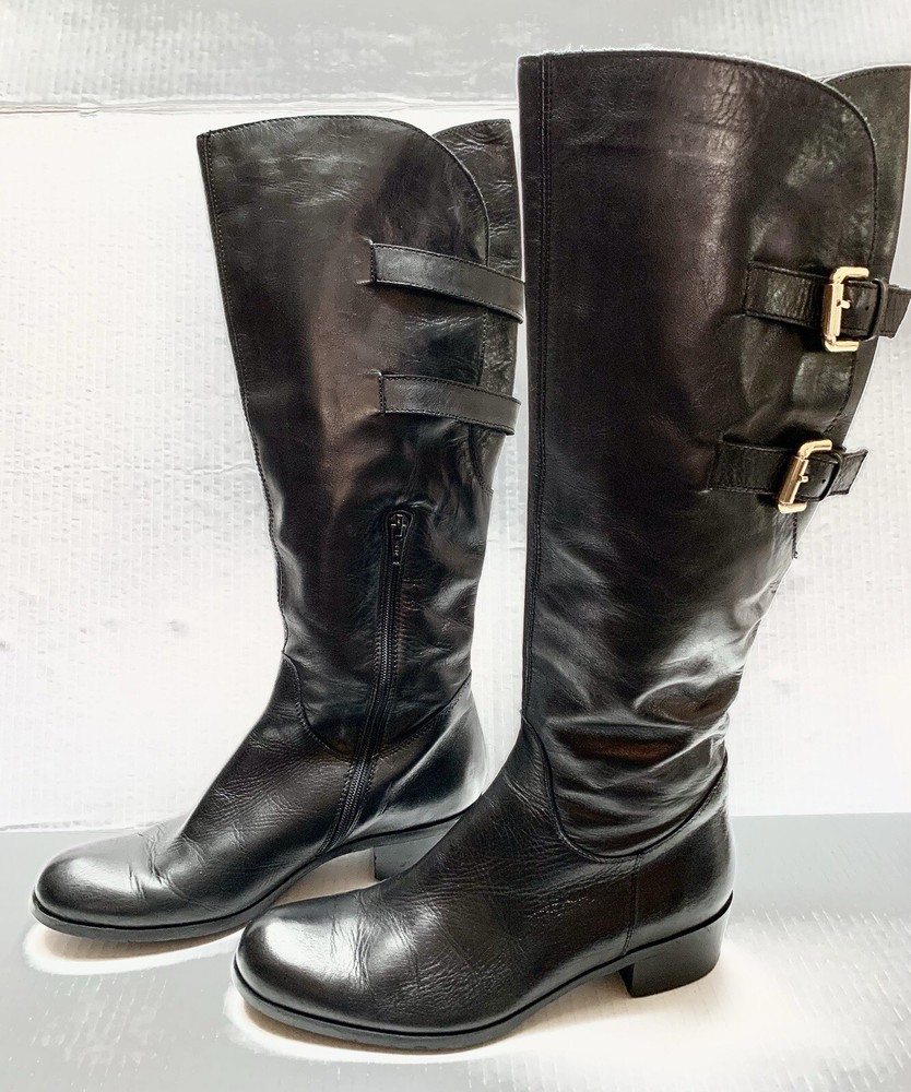 Meucci Tall Boots Womens Size 6.5 US Made in Italy Double Buckle Black Leather