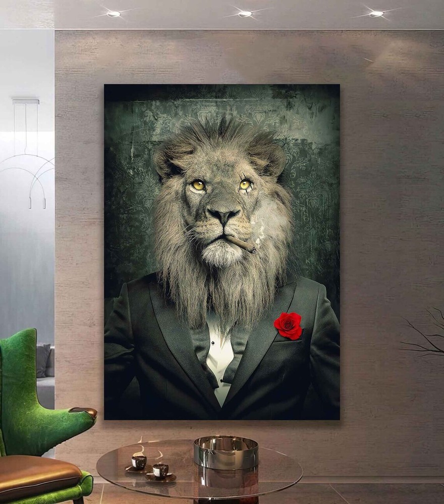 Serious Lion in A Suit with Red Rose Abstract Wall Art Canvas Unframed Print Art-image