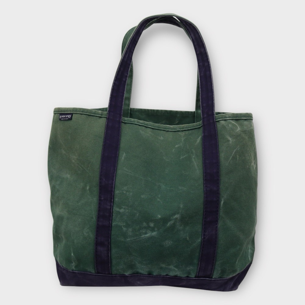 Vintage Lands End Canvas Boat Bag Tote XL Beach Travel Bag 90s Navy Blue Green
