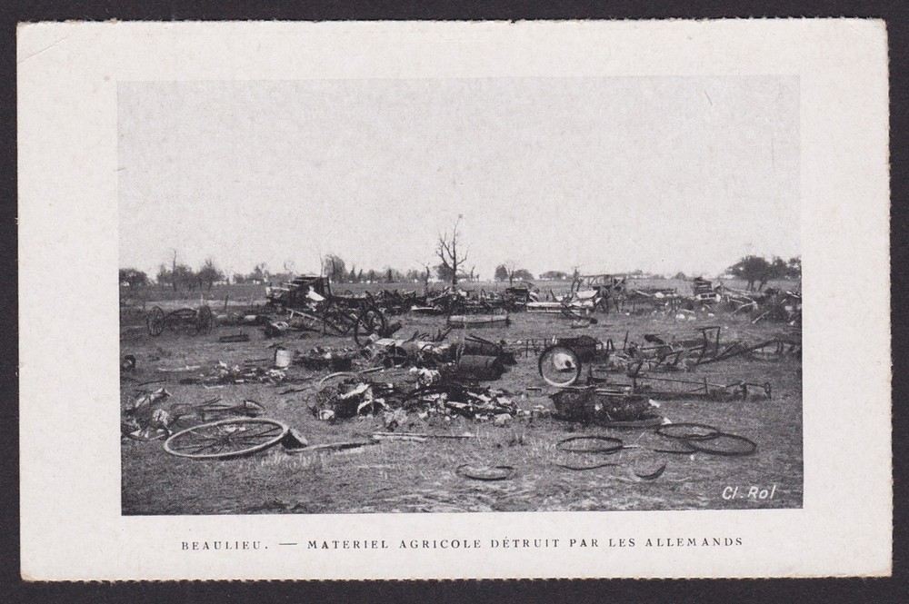 FRANCE, Postcard, WWI RPPC Beaulieu, Agricul. material destroyed by the Germans
