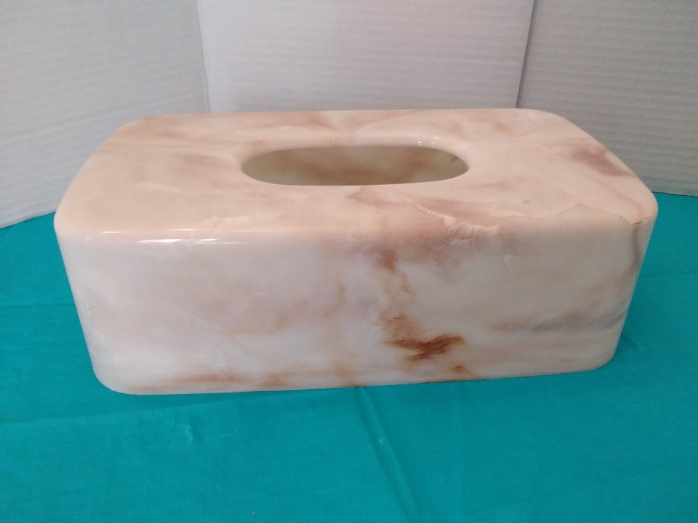 Vintage NEW Larger Retro 70's Lucite Tissue Holder Cover Box Tan Faux Marble