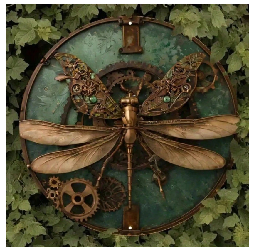 Steampunk Dragonfly Metal Wall Art, Vintage 8x8in Sign With Gears And Floral Dec