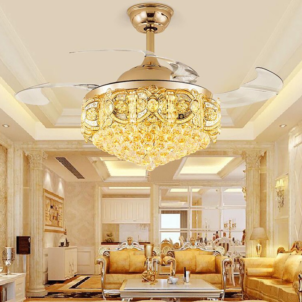 42-Inch Gold Modern Crystal LED Ceiling Fan with Remote and Chandelier Light