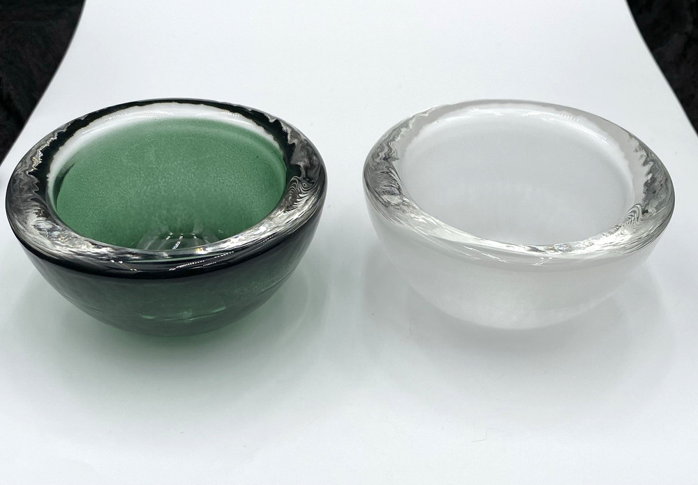 Pair (2) - Heavy Glass Round Votive Candle Holders, Green and White, 4