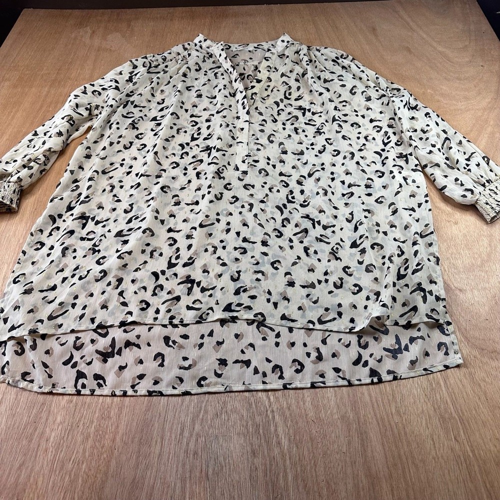 Umgee Leopard Print Boho Blouse Womens L Sheer Metallic Long Sleeve Top