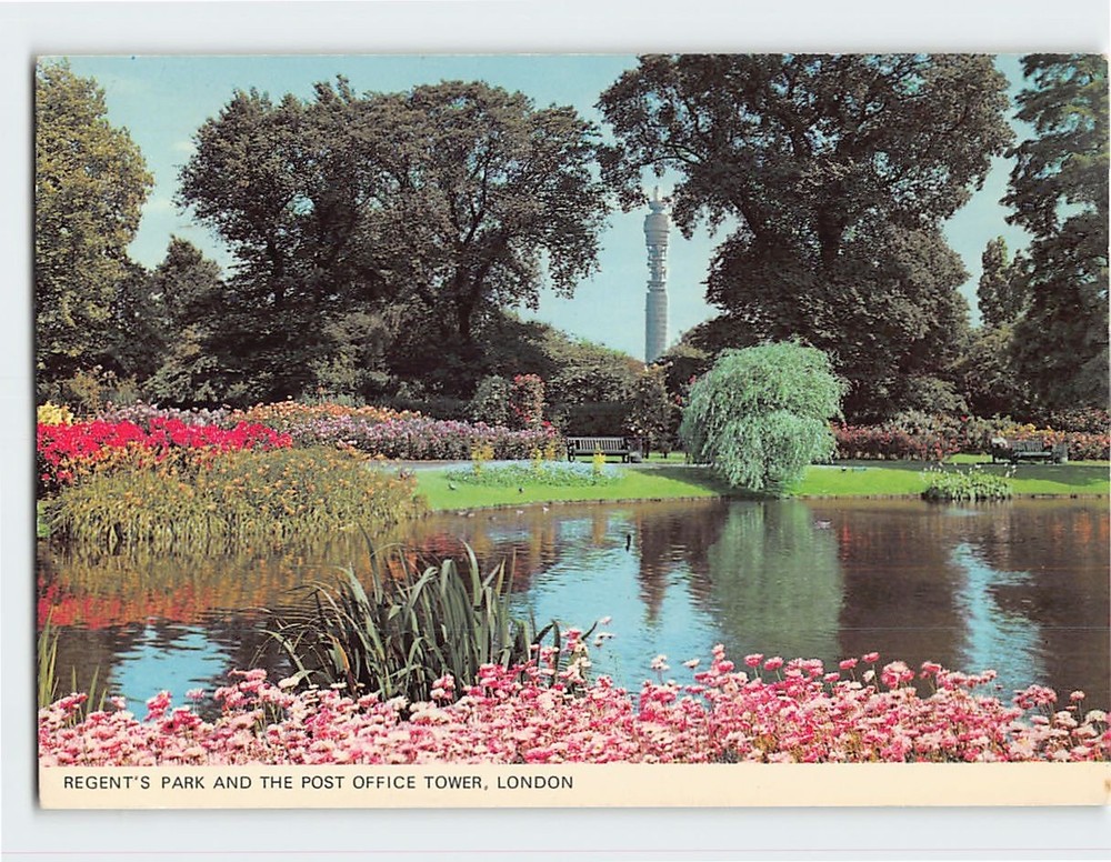 Postcard Regent's Park and the Post Office Tower London England