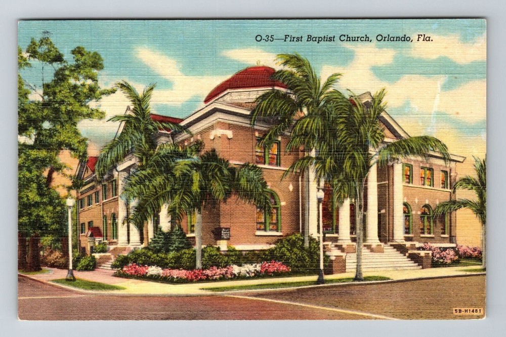 Orlando FL-Florida First Baptist Church Palm Trees Flowers Vintage Postcard
