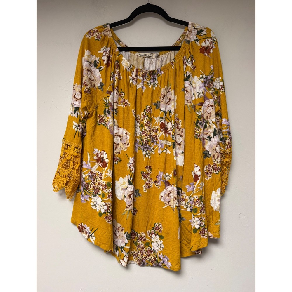 Liberty Love Womens 3XL Yellow Floral Lace Bell Sleeve Boho Tunic Top