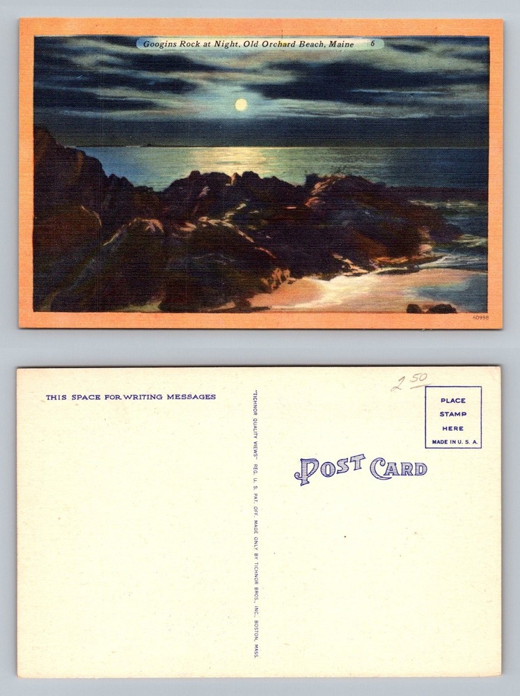 Old Orchard Beach, ME-Maine Googins Rock Moonlit Night Seascape Vintage Postcard