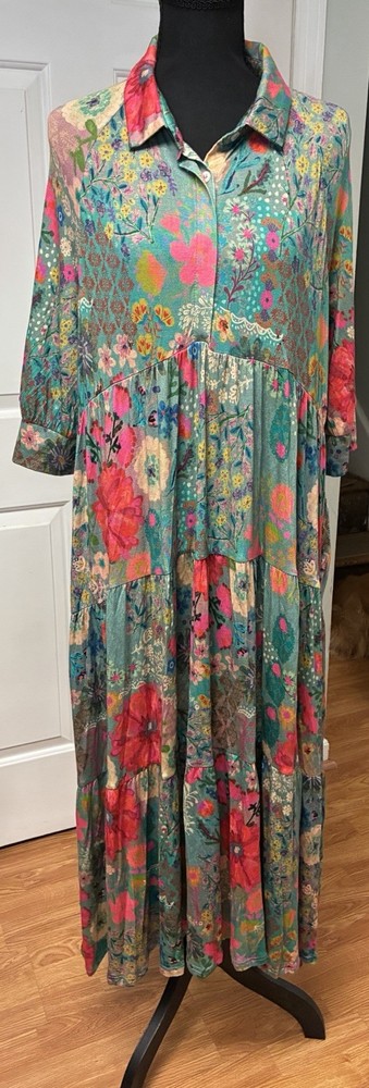 Natural Life ButterSoft Knit Maxi Dress L Floral Patchwork Boho Tiered 3/4 Sleev