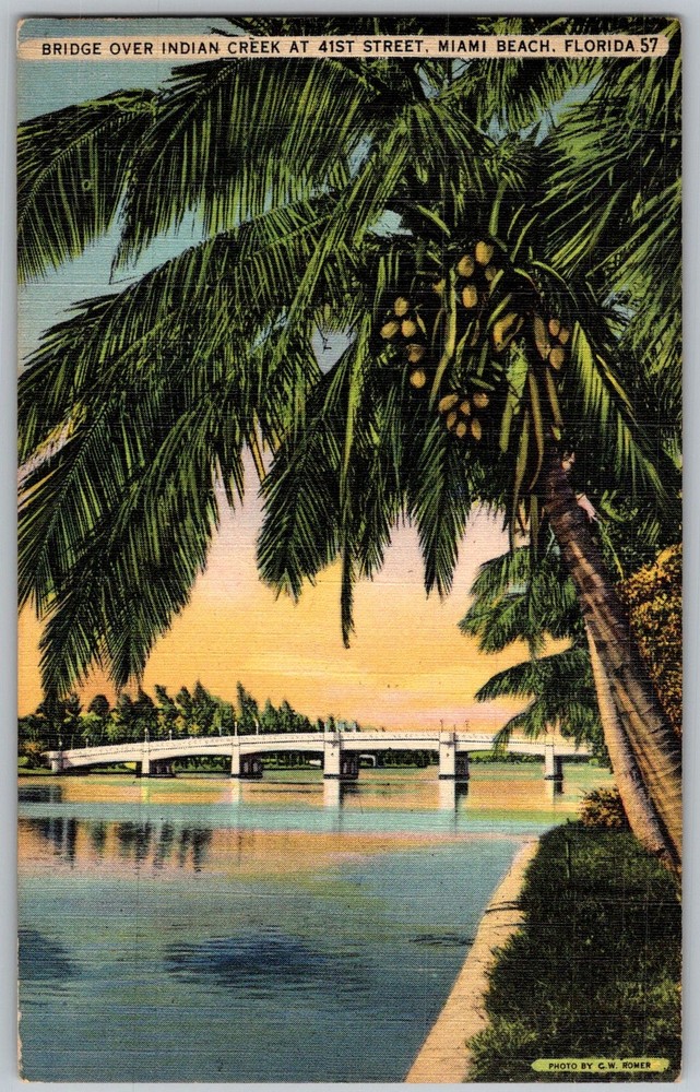 Vtg Linen Postcard Bridge Over Indian Creek Miami Beach, FL 1940s