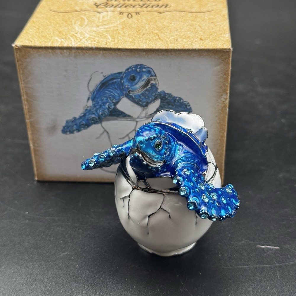 Jeweled Collection Blue Sea Turtle in Egg Hinged Trinket Box with Crystals