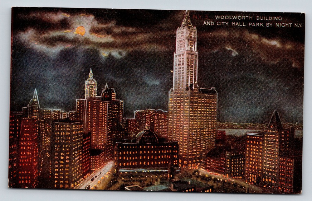 New York City~Woolworth Bldg~City Hall Park~Night View~Skyline~c1910 Postcard