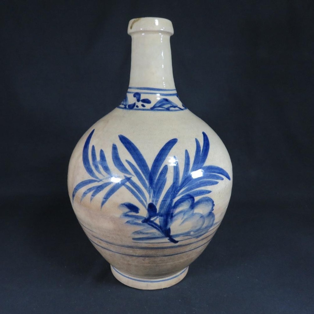 Taisei Sake Bottle Vase Blue & White Folk Art Dyed Kiln Scratches