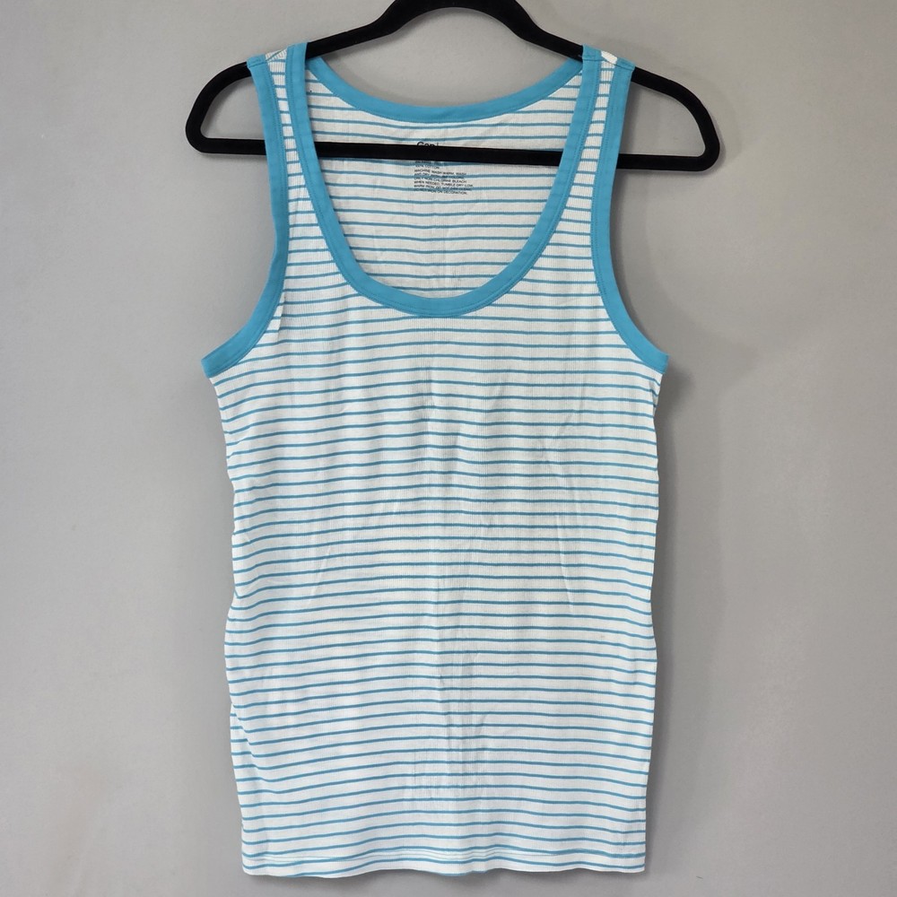Gap Favorite Ribbed Tank Top White Blue Stripe Scoop Neck Women's Size L