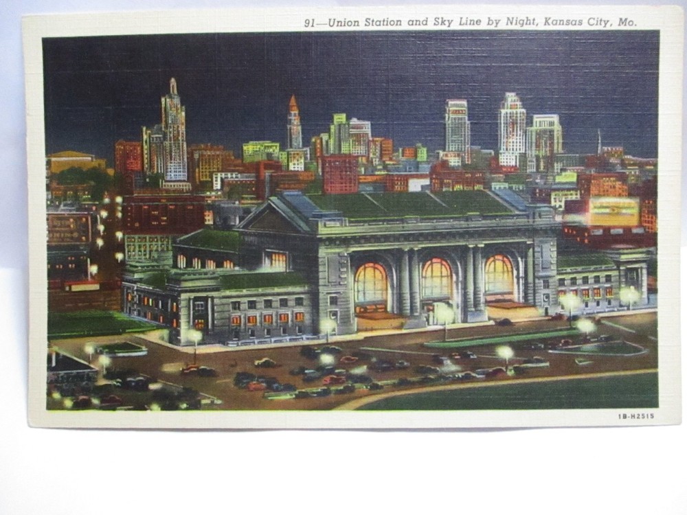Wwii Postcard Union Station, Sky Line By Night Kansas City Mo Rare K. C. Cancel