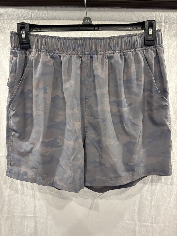 Blue Mountain Men’s Grey Camo Athletic Shorts Size M Elastic Waist 6in Inseam