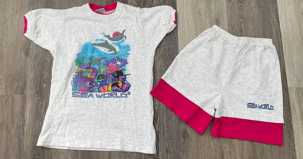 VTG Sea World girls medium small t-shirt shorts outfit Richs Tee ringer USA set