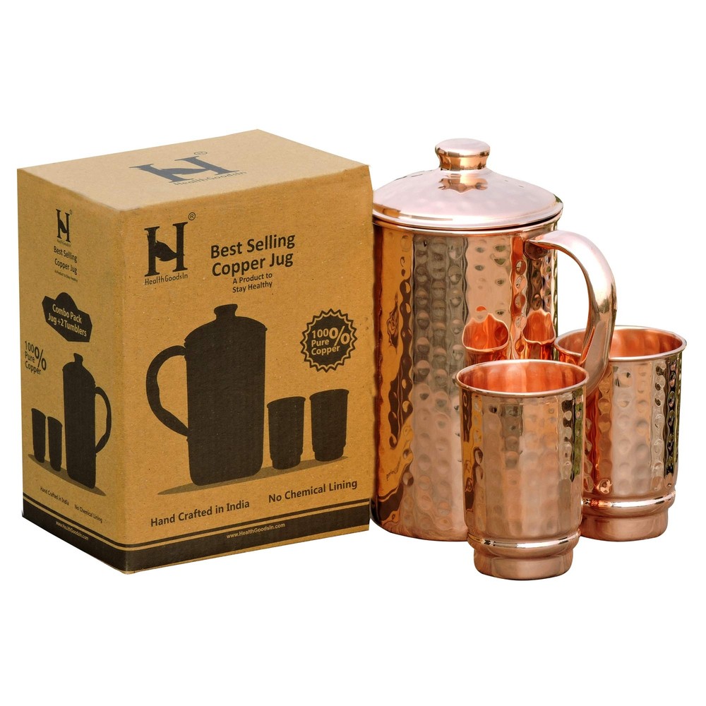 Pure Copper Hammered Water Jug with 2 Tumbler Set for Healthy Hydration