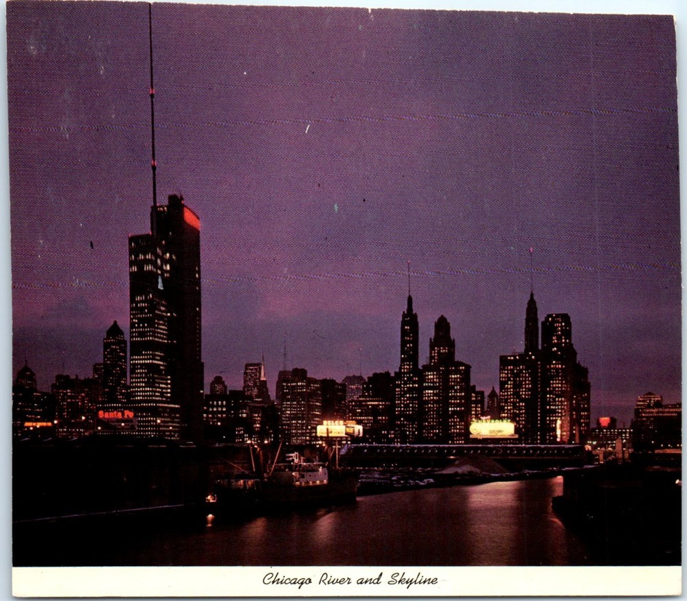 Postcard - Chicago River and Skyline At Night - Chicago, Illinois