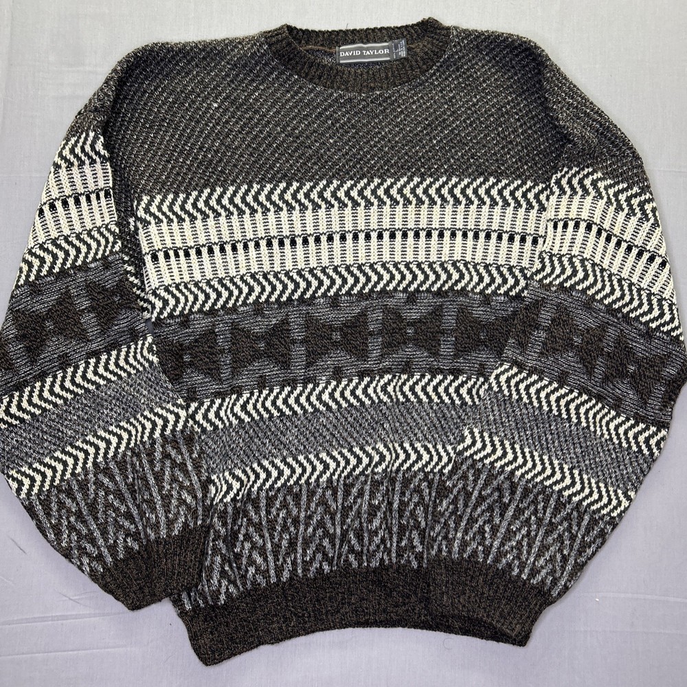 Vintage David Taylor Knit Sweater Mens L Brown Geometric 90s USA Made 3D Texture