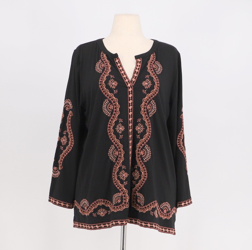 J. JILL Black Embroidered V-Neck Boho Peasant Tunic Top Size L