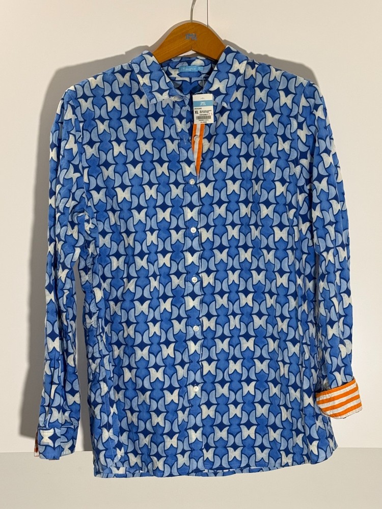 J.McLaughlin Lois Blouse XL Dark Blue White Pop Tulip Stripe NWT Button