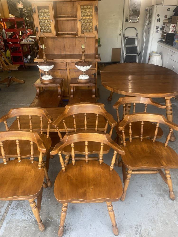 Brown Medium Wood Oval Dining Set 11pc: Table, 6 Chairs, Bench, Hutch