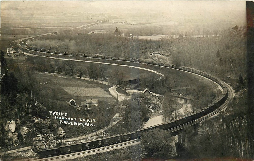 1908 Ableman Wisconsin Making Horseshoe Curve Birdseye RPPC Postcard 25-8082
