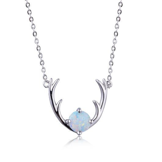 Xmas Gift Love Teardrop White Fire Opal Gem Elk Shape Silver Necklace Pendants