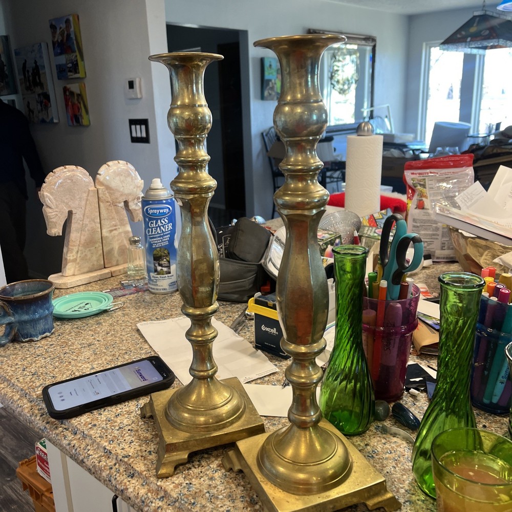Very Large vintage  Solid Brass 17 1/2” Tall Candlesticks, Pair