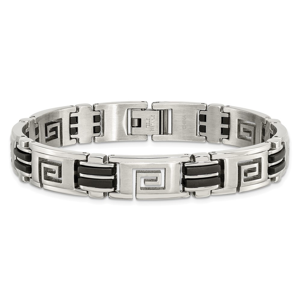 Stainless Steel Brushed and Polished Black Rubber Inlay Greek Key Bracelet 8.5
