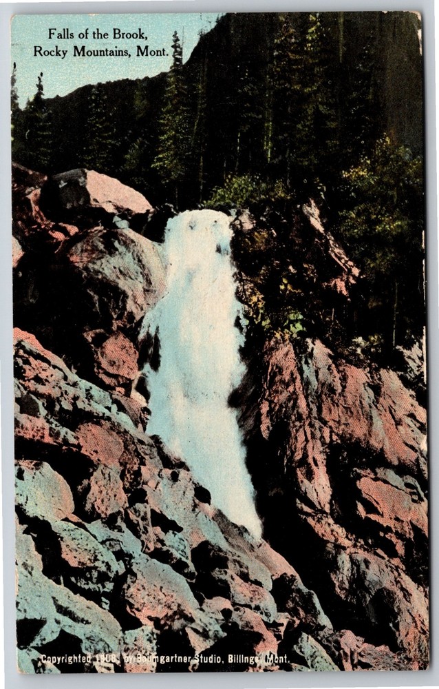 Rocky Mountains Montana~Waterfall of Brook~Vintage Postcard