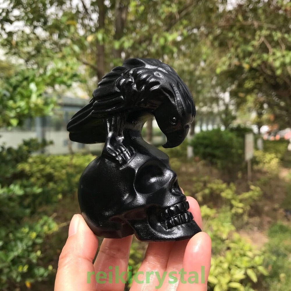 Natural Obsidian Hand-Carved Raven Skull Crystal for Reiki Healing Energy