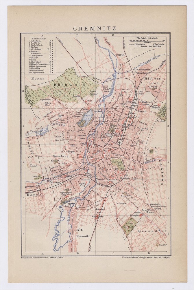 1900 Original Antique City Map Of Chemnitz Karl-Marx-Stadt Street Index Germany