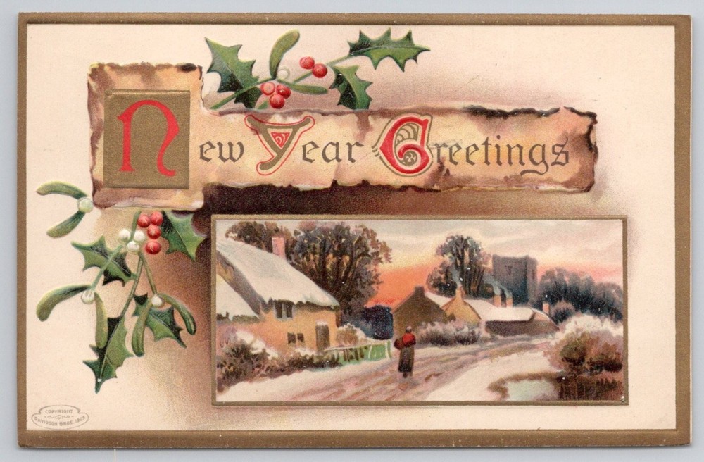 1910 New Year Greetings Postcard Embossed Holly Mistletoe Snowy Village Hudson