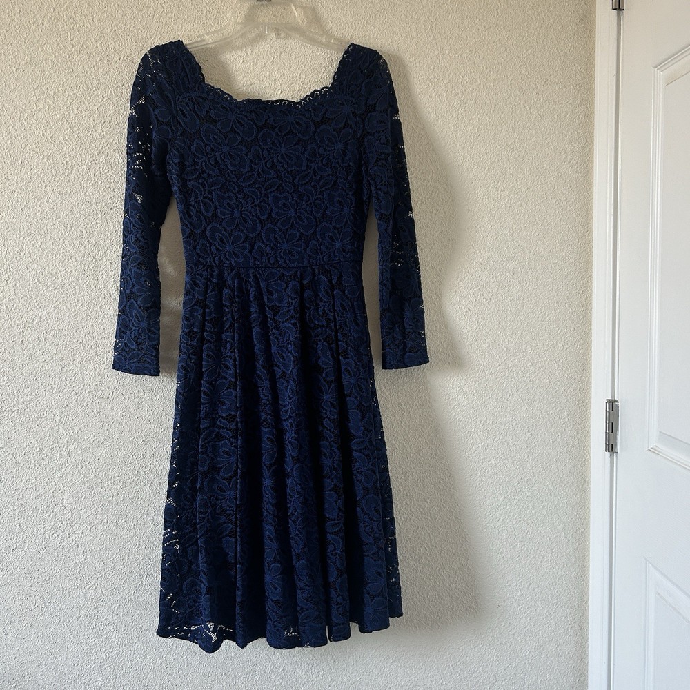 Floral Lace Overlay Long Sleeve Dress Fits S/M Blue Party Wedding Modest Church