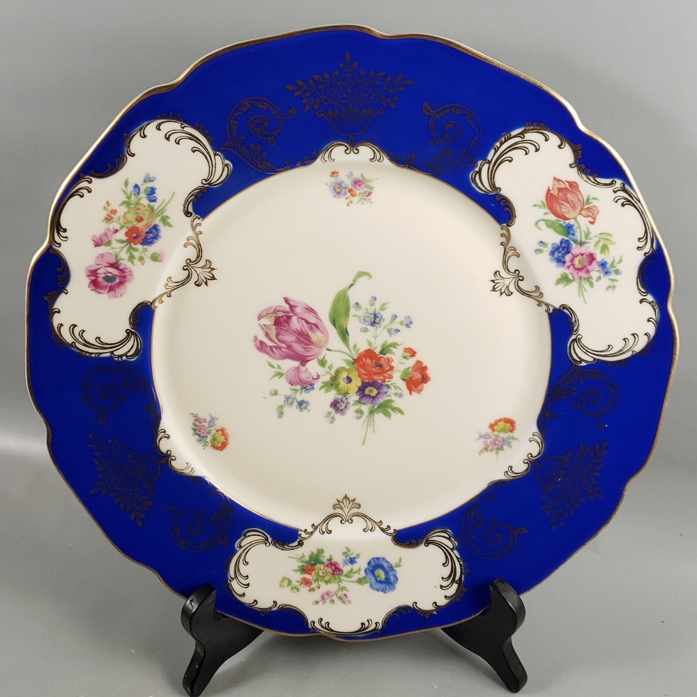 Vintage CZECH Bohemia Victorian Cobalt Blue Gold Floral Bouquet PORCELAIN PLATE