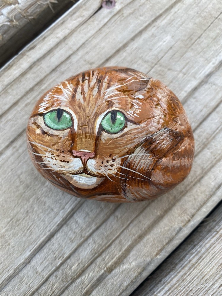 Hand Painted River Stone Rock Orange Cat Art Acrylic Signed MMW craft Original