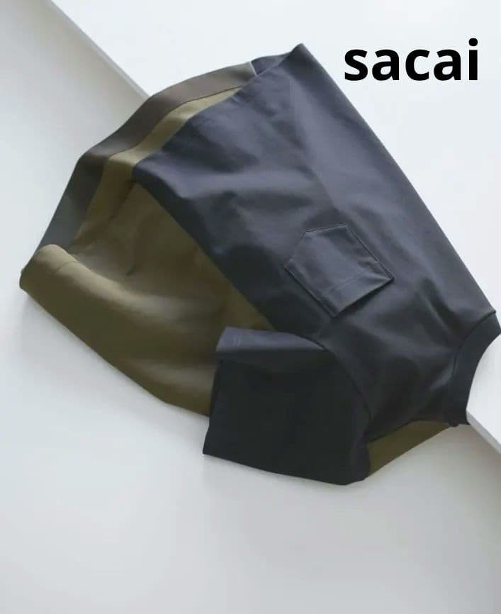 sacai Cotton Nylon Twill T-Shirt Navy Khaki Loose Fit Size L Near Mint