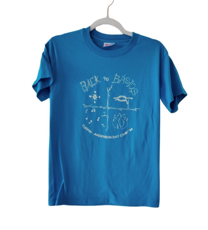 Hanes Single Stitch T-shirt Vintage 1994 Men's Size Small Blue Graphic Print Tee
