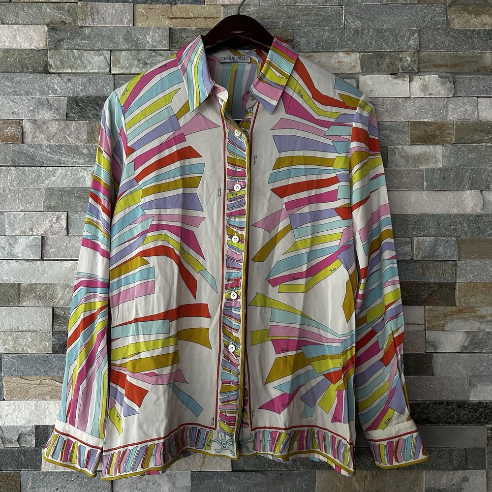 Emilio Pucci Button Up Top Blouse Shirt Multicolor Silk Vtg Size 12 Geometric 46