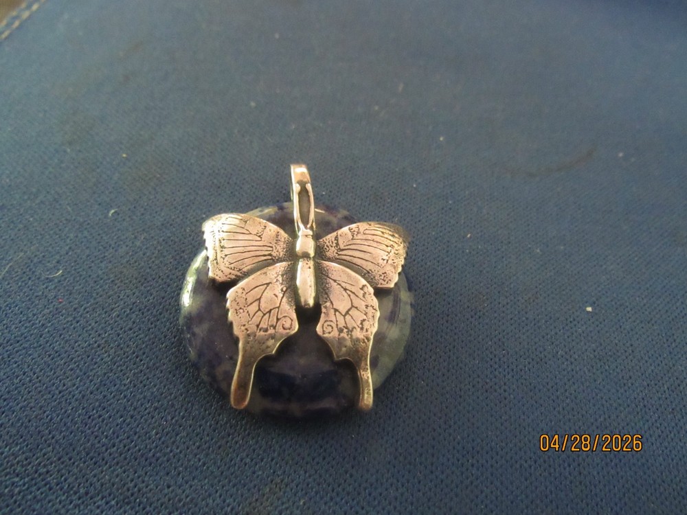 Vintage Sterling Silver Rare Overlay Butterfly On Agate Disc Pendant Signed