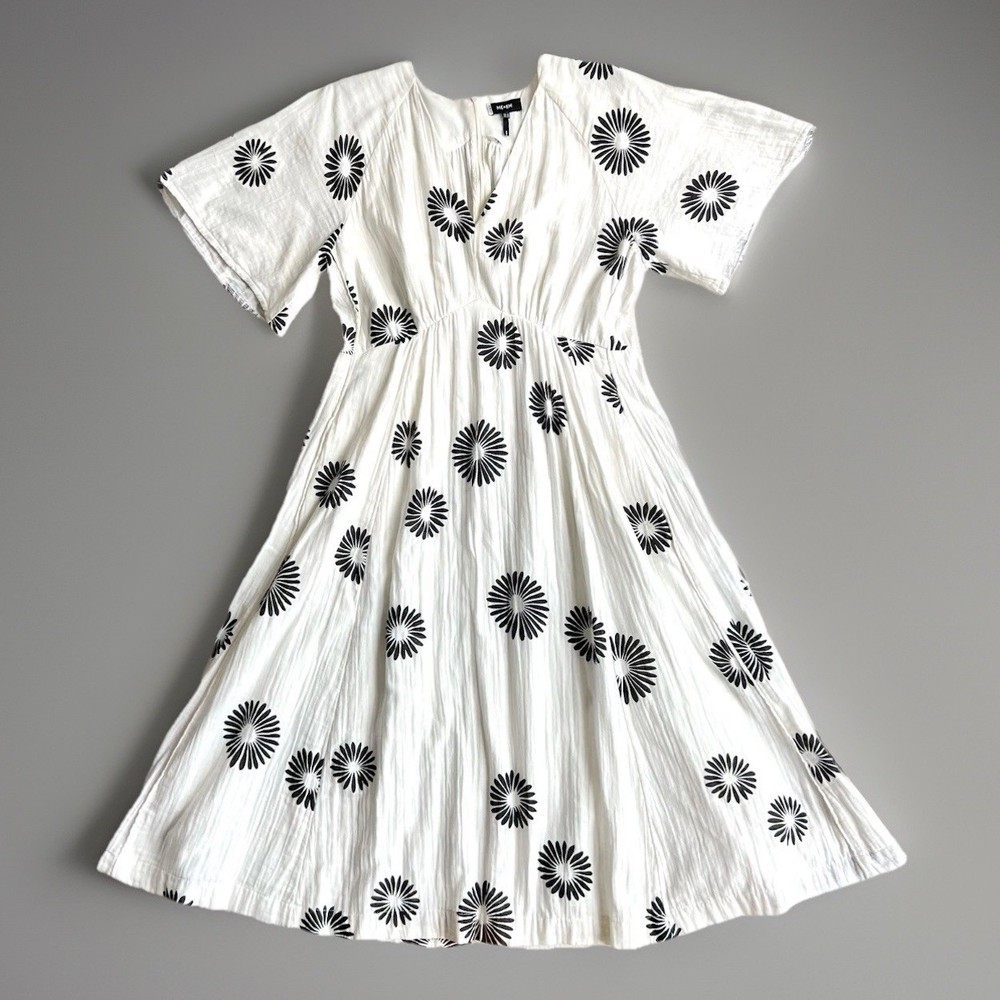 ME+EM White Black Daisy Print Raglan Midi Dress Size 12 US Modern Summer Chic