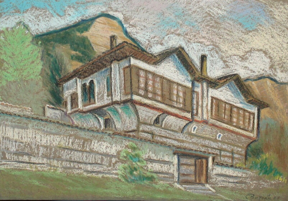 1966 landscape of mountain house pastel painting, signed