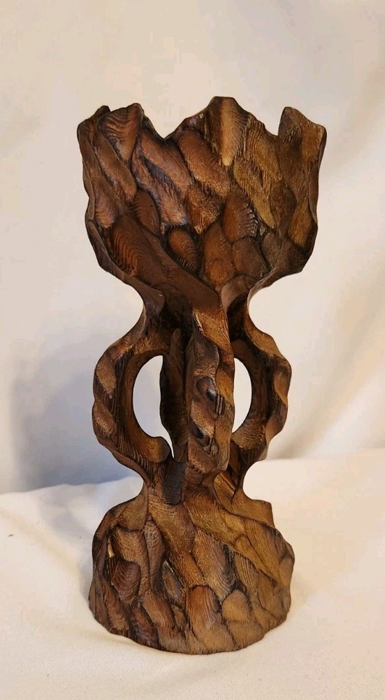 Vintage Mid Century Modern Hand Carved Brutalist Sculpture Wooden Candle Holder