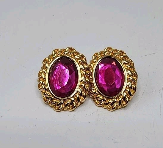 Vintage Kenneth Jay Lane Goldtone Earrings W/Fuschia Rhinestones 1