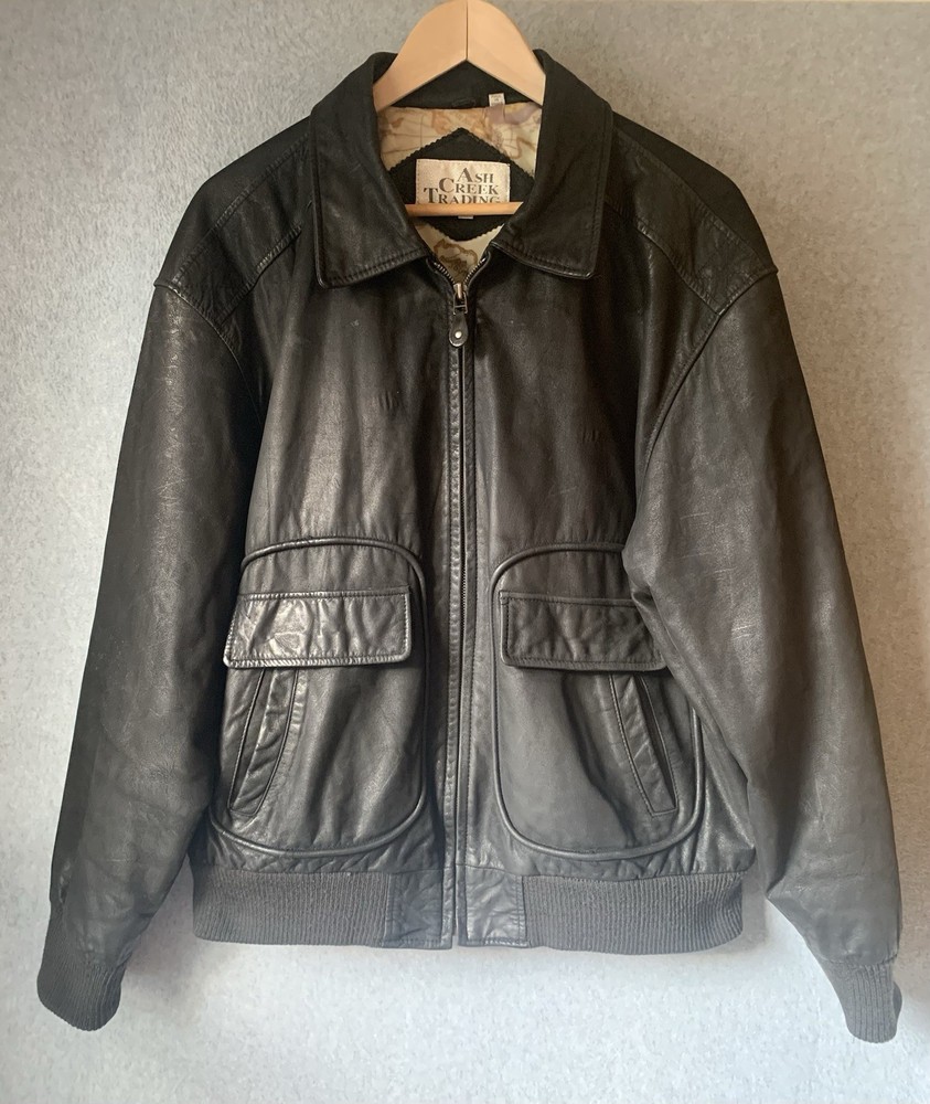 VTG Ash Creek Trading Mens Leather Bomber Jacket Darkest Brown Gorpcore Travel